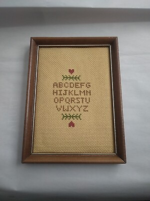 #ad Framed Cross stitch Alphabet Sampler Hearts Country Sweet Completed Handstitched $19.99