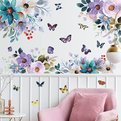 #ad Watercolor Blue Purple Flowers Wall Stickers Color Painting Rose Wall Decals DIY $19.58
