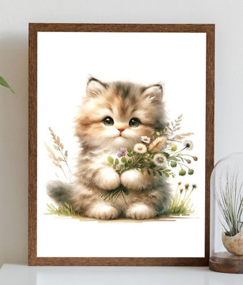 #ad Cat Wall Art Print Kitten With Flowers Art Print Wall Art Decor Home Decor $9.99