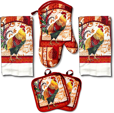 #ad Farm Rooster Kitchen Decor Linen Set Includes 2 Dish Towel 2 Pot Holders 1 Oven $18.99