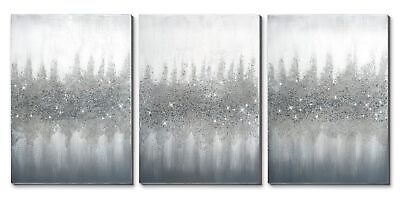 #ad 3D Silver Glitter Embellished Gray Abstract Canvas Wall Art 100% Hand Painted... $217.78
