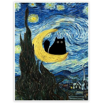 #ad Vincent Van Gogh Starry Night Cat Print Canvas Wall Art，vintage Wall Decor Ae... $22.77