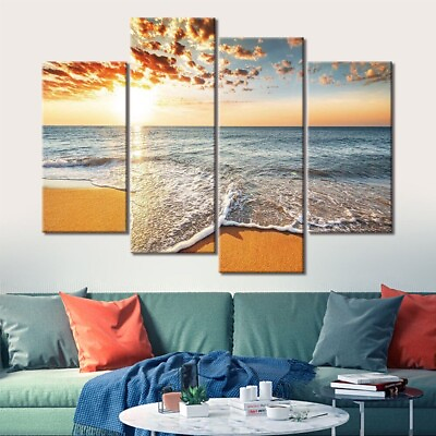 #ad Sunset Beach Wave 4 Panel Canvas Print Wall Art Home Decor $171.96