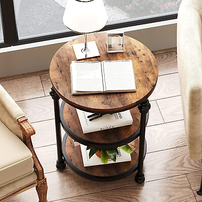 #ad Round Wood Side Table Coffee Table with 3 Tier Storage Shelf Bedroom Night Stand $51.51