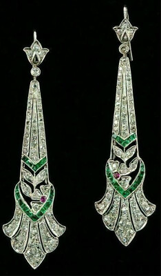 #ad Antique Dangle Art Deco Earrings 14K White Gold Plated 1 Ct Simulated Emerald $427.25