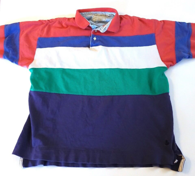 #ad Vintage American Eagle Men#x27;s size L Short Sleeve Striped Polo Color Block Shirt $24.99
