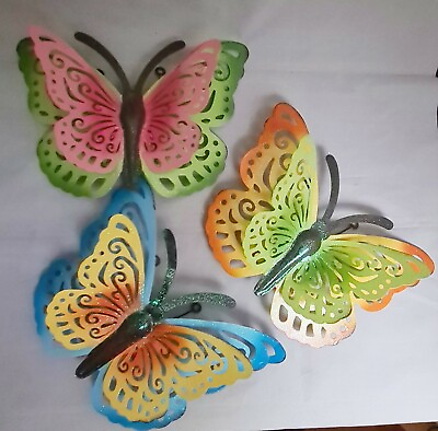 #ad Medium Multicolor Butterfly Hanging Metal Jungle Wall Art Decor Set 3 12quot;x9quot; $18.40