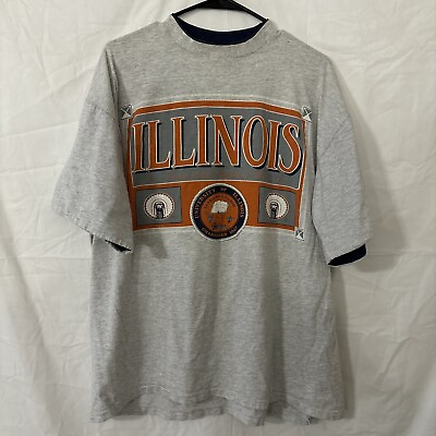 #ad Vintage Illinois Fighting Illini T Shirt Gray 90s Single Stitch Tee Sz XL $17.00