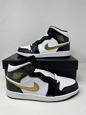 #ad New Nike Air Jordan 1 Mid Patent Black White Gold 852542 007 Mens amp;PS amp;GS $119.99