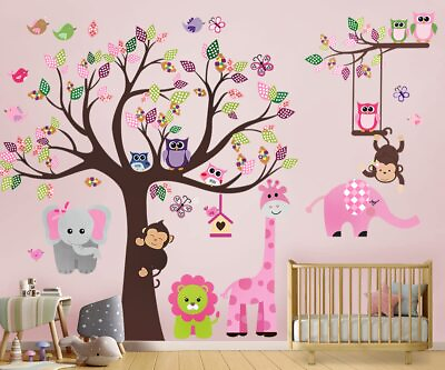 #ad Wall Decals Stickers Pink Jungle Animal Girl Kids Cute Baby Nursery Decor New $18.25