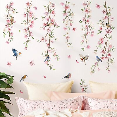 #ad Hanging Flower Vine Wall Decals Pink Floral Leaves Birds Wall Stickers Bedroo... $20.90