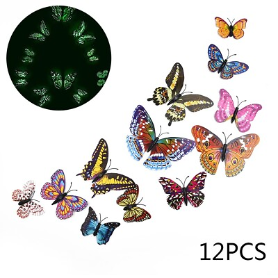 #ad 12Pcs 3D Luminous Butterfly Wall Stickers Double Layer Decals Home Art Decor $7.95