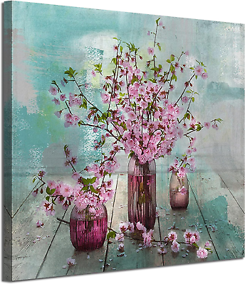 #ad Pink Flower Canvas Wall Art Florals Abstract Picture Teal Turquoise Watercolor P $28.50
