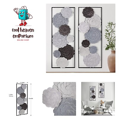 #ad 2 PCS Metal Wall Art 35.4quot; X 13.4quot; Large Metal Flower Wall Decor with Frame... $111.99