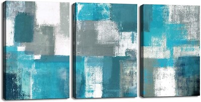 #ad Abstract Wall Art For Living Room Wall Decor 3 Piece Blue Teal Modern Paintings $28.00