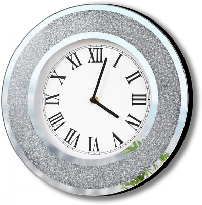 #ad Mirrored Wall Clock 12quot; Bling Silver Sparkle Glam Home Decor Battery Not Includ $39.99