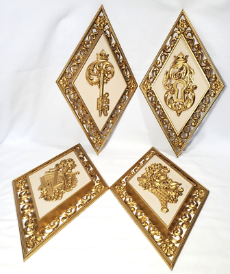 #ad Syroco Set of Four Diamond Wall Hangings Gold and Beige 1960#x27;s Decor $59.97