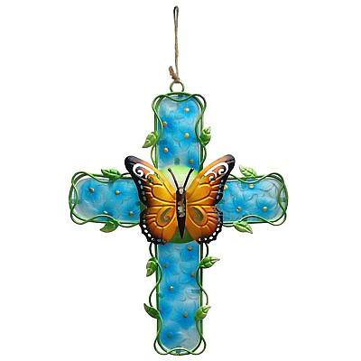 #ad #ad Cross Metal Wall Art Decor Metalamp;Glass Cross Blue Hydrangea Flower Hanging De... $26.83