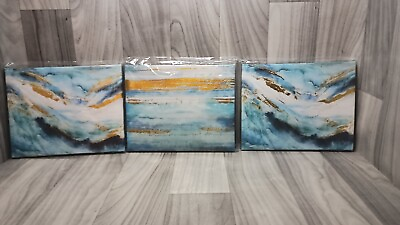 #ad Wall Art Set of 3 Unframed CANVASES ABSTRACT in VIBRANT BLUES $25.99