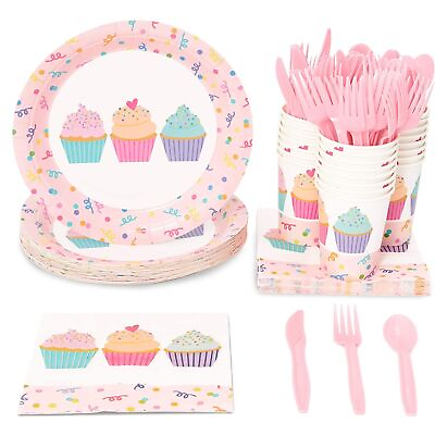 #ad Cupcake Birthday Party Supplies with Plates Napkins Cups Cutlery Serves 24 $20.99