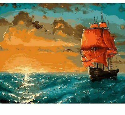 #ad Painting By Numbers Ship And Lovely Ocean Sunset Design DIY Canvas Wall Portrait $62.03