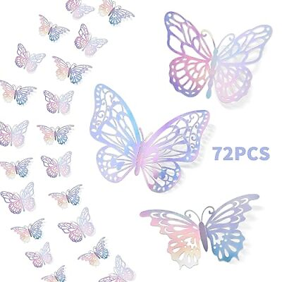 #ad 72PCS 3D Butterfly Wall Decor 3 Styles 3 Sizes Metallic Laser Silver $14.16
