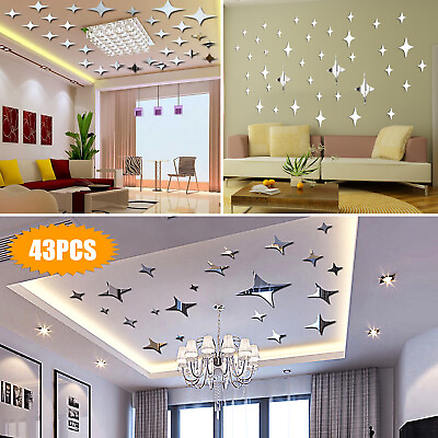 #ad 43Pcs 3D Wall Stickers Home Decor DIY Art Mirror Star Decal Bedroom Removable US $9.98