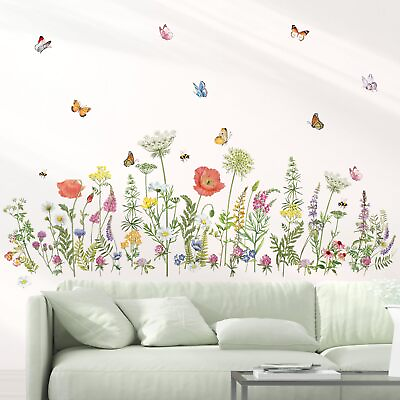 #ad Wildflower Grass Wall Stickers Garden Flower Butterflies Wall Decals Living R... $23.73