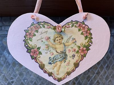 #ad Vintage Wooden Heart Wall Hanging W Image amp; Glittered Satin Rose Valentine’s Day $8.25