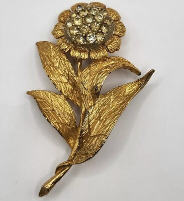 #ad Vintage Flower Brooch Rhinestones Gold Tone VTG $12.99