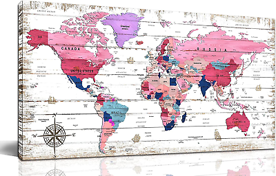 #ad Pink Pictures Wall Decor World Map Canvas Wall Art for Bedroom Girls Wall Pi $77.36