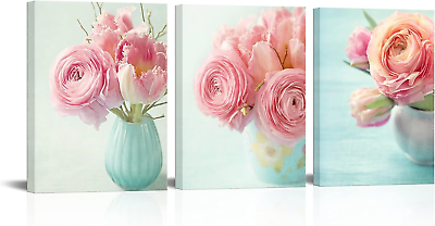 #ad Pink Flower Canvas Wall Art Rose in Teal Blue Vase Picture Elegant Floral Painti $58.26