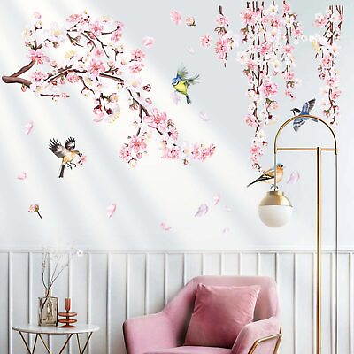#ad Cherry Blossom Branch Wall Stickers Pink Flower Birds Wall Decals Bedroom Liv... $23.73