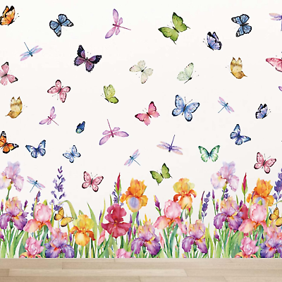 #ad 9 Sheets Spring Summer Floral Wall Stickers Colorful Tulips Butterfly PVC Decora $18.43