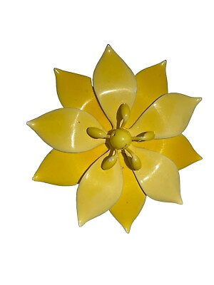#ad Two Tone Yellow Metal Enamel Floral Vintage Flower Brooch Mod 60s 3” Large $12.34