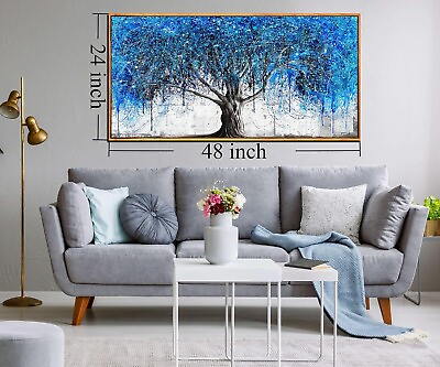 #ad 48quot;x 24quot; Gold Framed Rectangle Canvas Blue Wall Decor Tree Print Ready to Hang $350.00