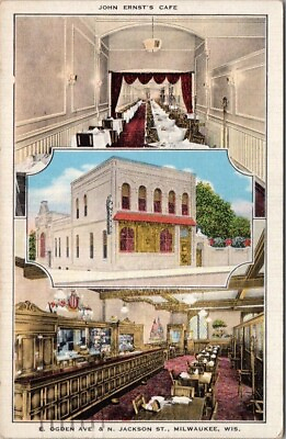 #ad Milwaukee Wisconsin Postcard quot;JOHN ERNST#x27;S CAFEquot; 3 Views Kropp Linen 1948 $4.31