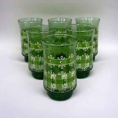 #ad Set of 6 Drinking Juice Glasses Glassware Green Checked Kitchen Cups Dining $55.00
