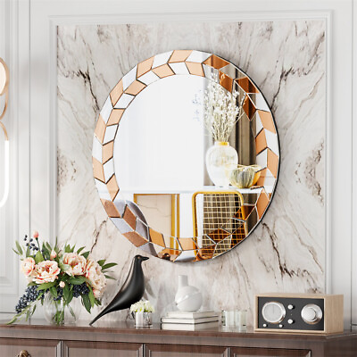 #ad Round Mirror Wall Decor Beveled Glass Frame Modern Accent Mirror Silver Tawny $75.90