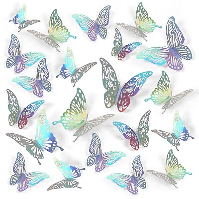 #ad 72 Pcs Butterfly Wall Stickers 3D Butterfly Wall Decor Rainbow Silver Butterf... $13.99