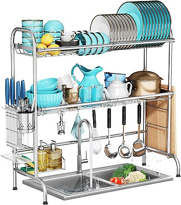 #ad 2 Tier Over The Sink Dish Drying Rack w Utensil Holder Space Saver for Kitchen $46.99