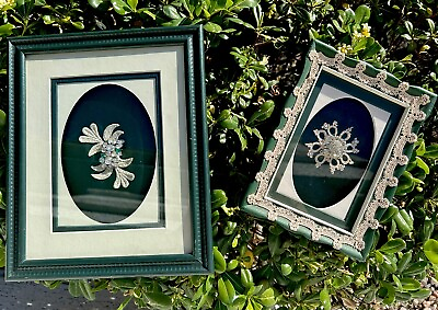 #ad Vintage Rhinestone Brooch Pins Framed Green Wood Lace Satin Wall Hang Display $27.00