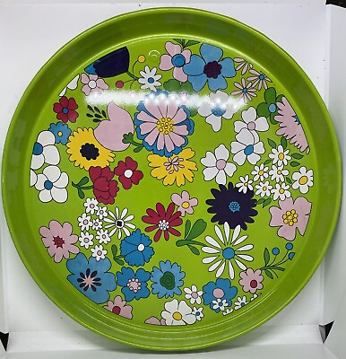 #ad VINTAGE MID CENTURY MOD BRIGHT GREEN ROUND FLORAL METAL SERVING TRAY 1960s 70s $21.99