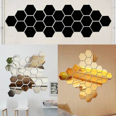 #ad 12Pcs Set Removable 3D Mirror Wall Stickers Hexagon DIY Wall Decal Home Decors AU $3.09