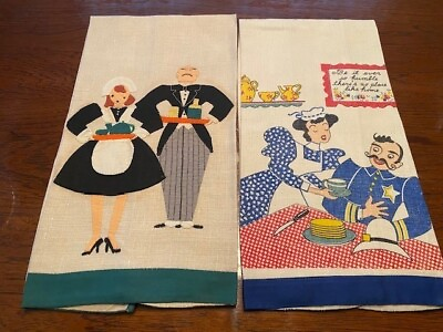 #ad Set of 2 Appliqued Silk Screened Linen Dish Towels with #x27;Days of Old#x27; Designs $24.00