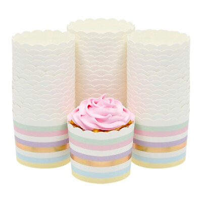 #ad 50 Pack Striped Cupcake Liners Pastel Paper Baking Cups for Muffins 2.2 in $12.99