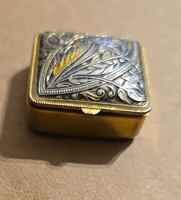 #ad Vtg Small Metal Hinged Trinket Pill Box Ornate Lid $14.00