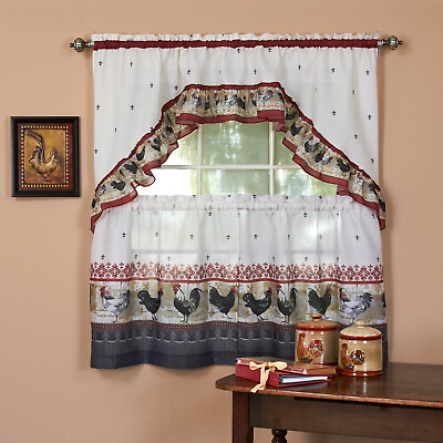 #ad Rooster Printed Tier and Swag Kitchen Curtain Set 57x24 Inches Burgundy $35.51