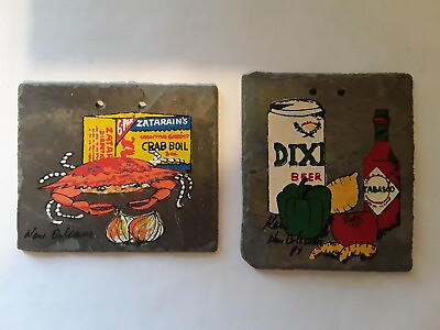 #ad Kitchen Wall Art Vintage Slate Shingles 2 Pc Painted Crafts Tabasco Dixie Beer C $19.98