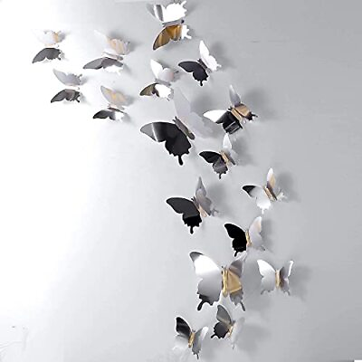 #ad 48 Pieces Wall Decor DIY Mirror 3D Stickers Removable Decals Butterfly Silver $10.11